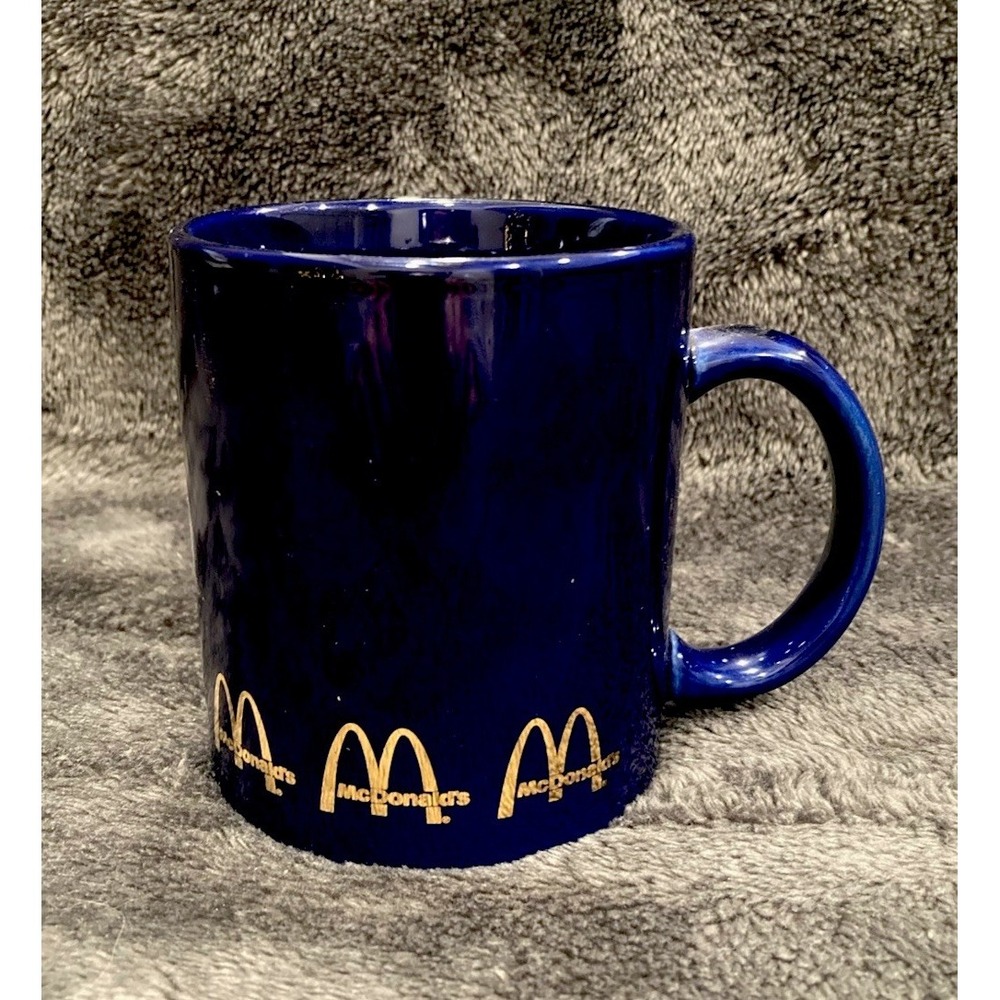Vintage McDonalds Coffee Tea Mug Cup Cobalt Blue Gold Graphics Golden Arches NOS